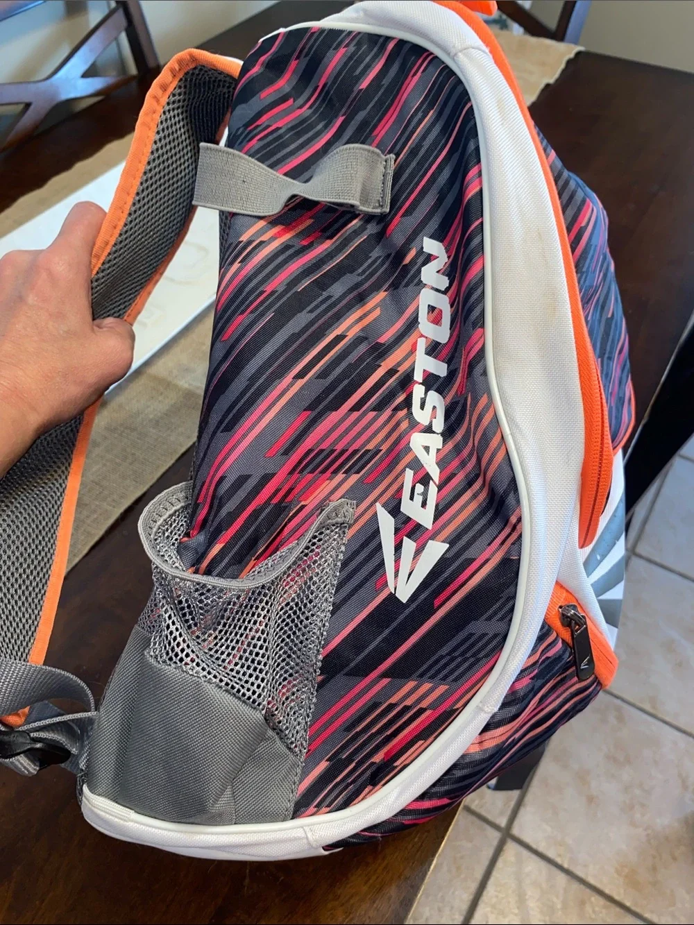 Easton White and Orange Youth ball bag/Backpack with Pink and Gray Accents